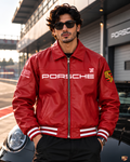 Porsche inspired red faux leather racing jacket front view