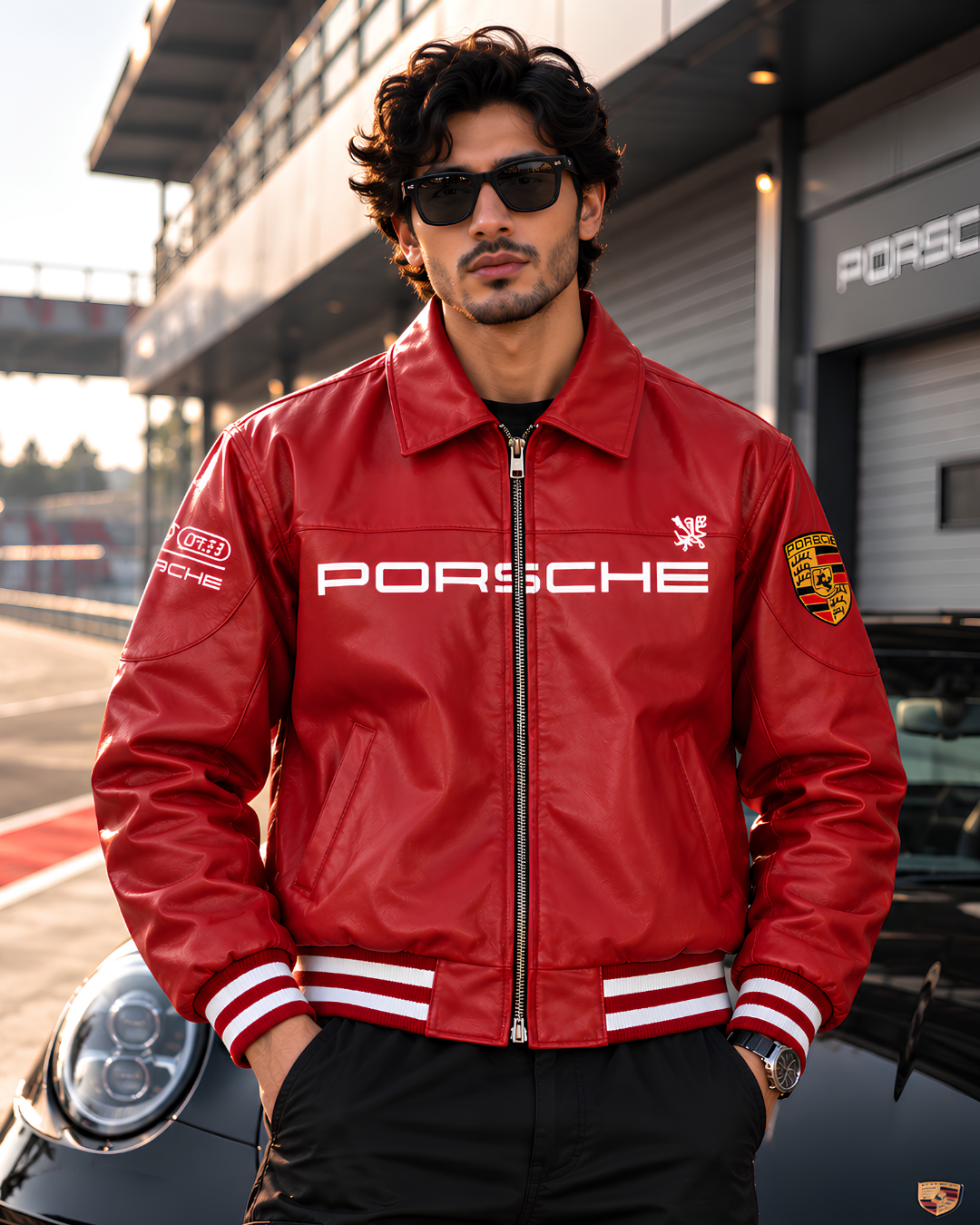 Porsche inspired red faux leather racing jacket front view