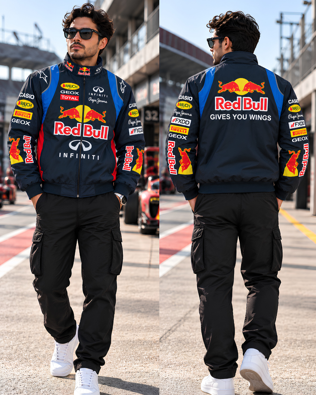Navy blue racing jacket high neck collar with Red Bull and sponsor patches