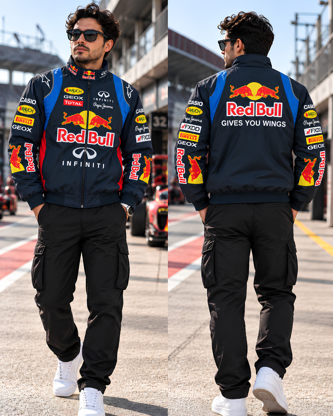 Navy blue racing jacket high neck collar with Red Bull and sponsor patches