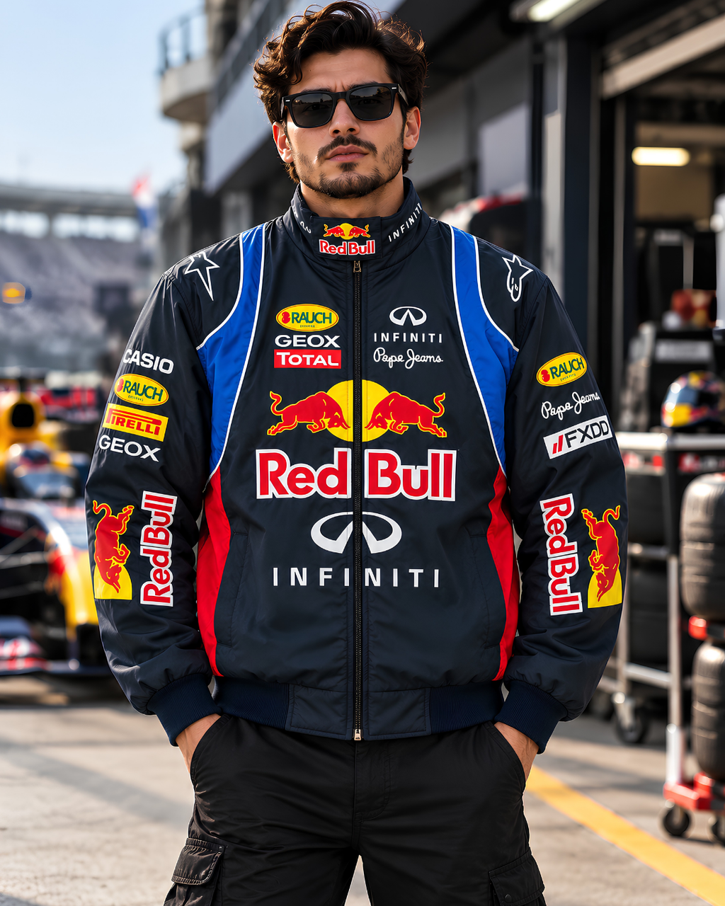 Navy blue Red Bull F1 inspired racing jacket front view with sponsor graphics