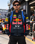 Navy blue Red Bull F1 inspired racing jacket front view with sponsor graphics