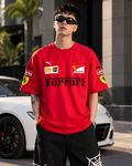 Model wearing red Ferrari inspired oversized racing T-shirt front view