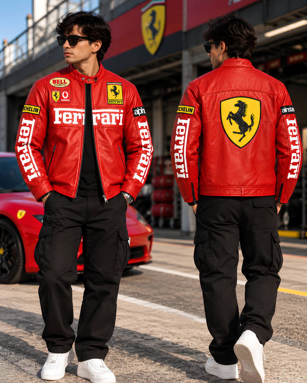 Men's red biker jacket with motorsport patches