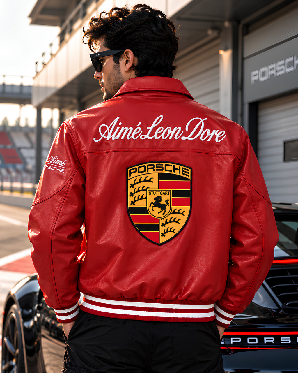 Porsche inspired red leather look jacket model wearing front view