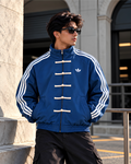 Royal blue CNY Chinese style jacket front view with white stripes and toggle buttons