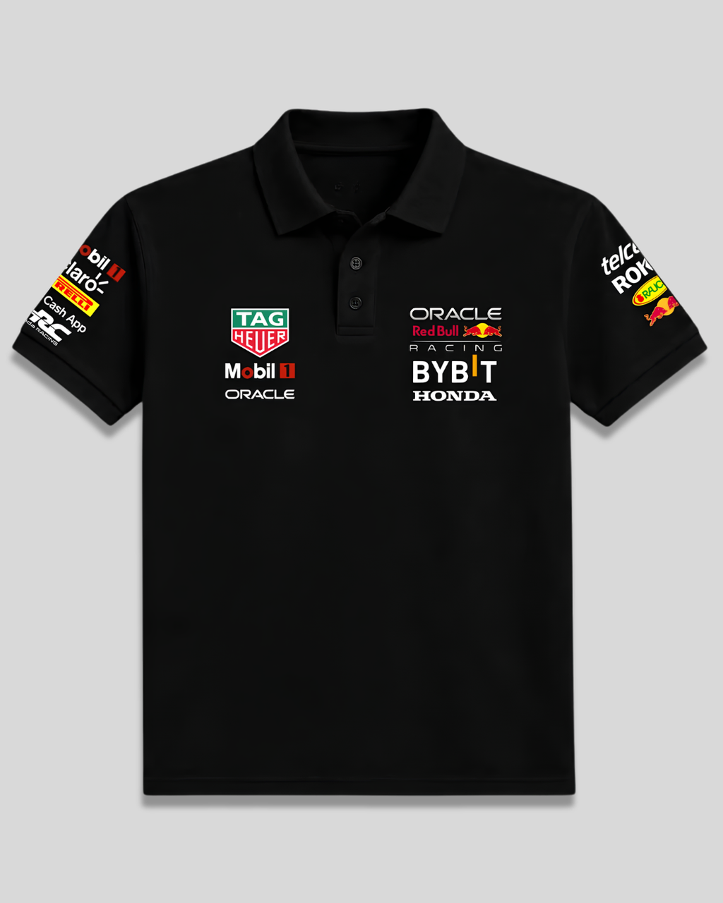 black racing polo shirt with graphics