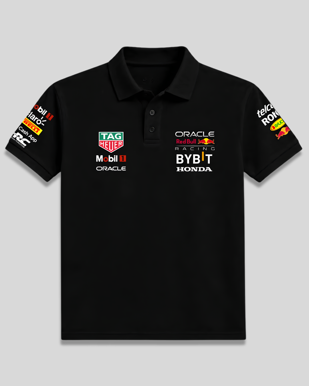 black racing polo shirt with graphics